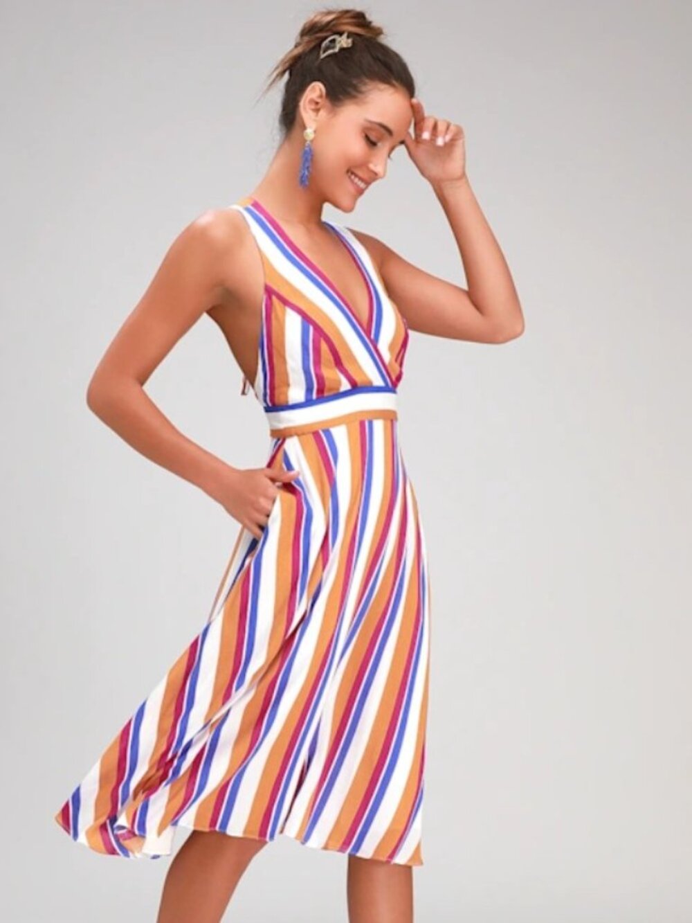 My Passions White and Orange Multi Stripe Halter Midi Dress